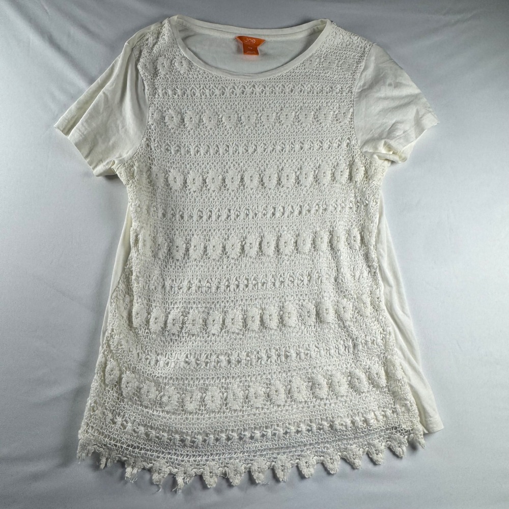 Joe Fresh Womens White Crochet Lace Front Short Sleeve Top Scalloped Hem Medium